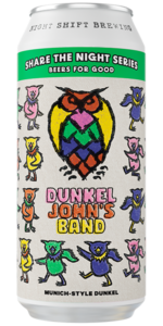 Dunkel John's beer can with colorful teddy bears on the label