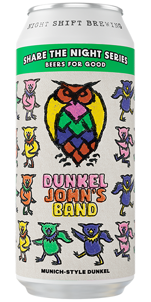 Dunkel John's beer can with colorful teddy bears on the label