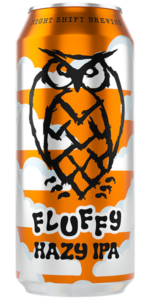 Fluffy Night Shift beer can with a black owl on an orange and white background.