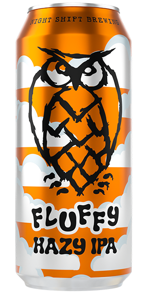 Fluffy Night Shift beer can with a black owl on an orange and white background.