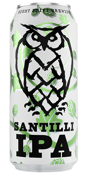 Santilli IPA beer can with the owl and green leaves