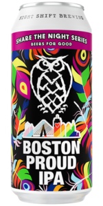 Boston Proud can with colorful feathers in the background.