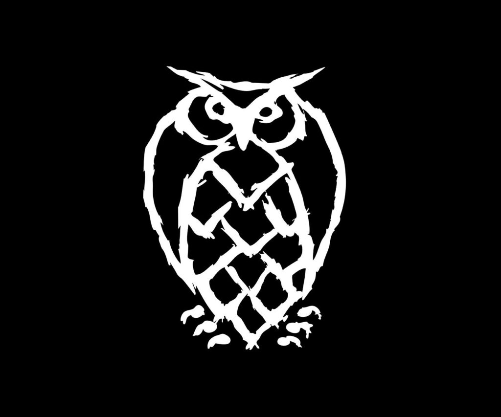 Night Shift white owl illustration on a black background