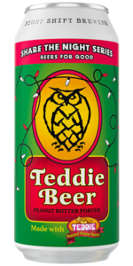 Night Shift Teddie Bear beer can with green and red background.